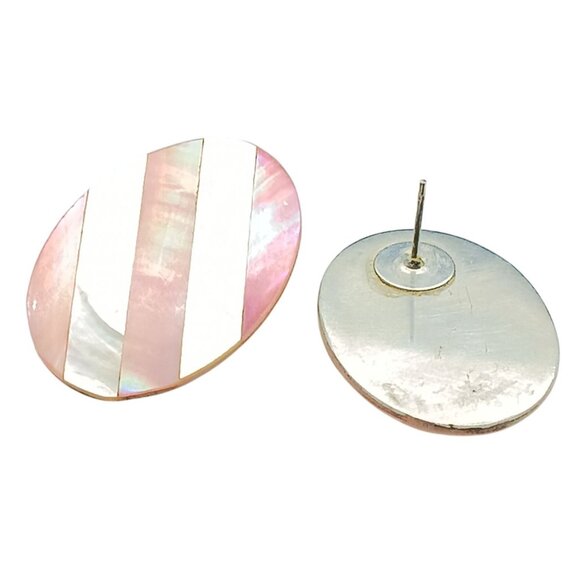 Vintage Oval Mother of Pearl & Pink Shell Striped Inlay Stud Earrings - Picture 4 of 4